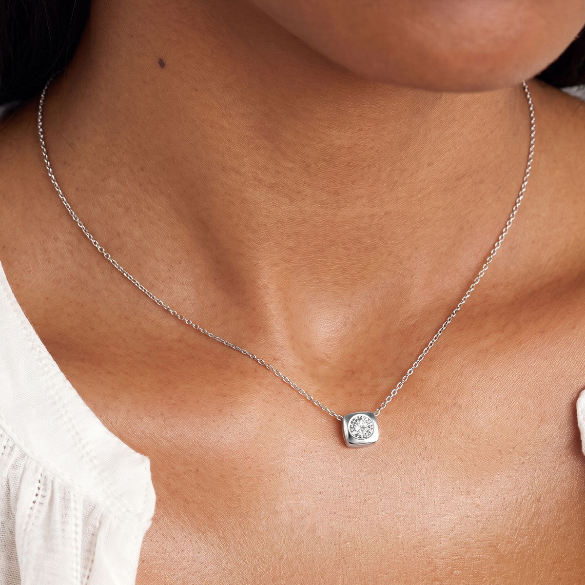 Cushion Simulated Diamond Halo Necklace - Silver
