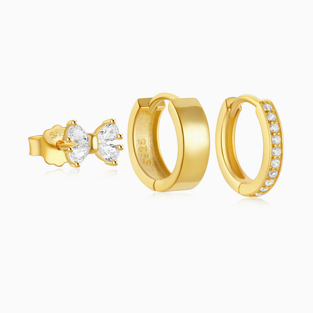 Cute 3 Piece Diamond Huggie Hoop Earring Bundles - Gold