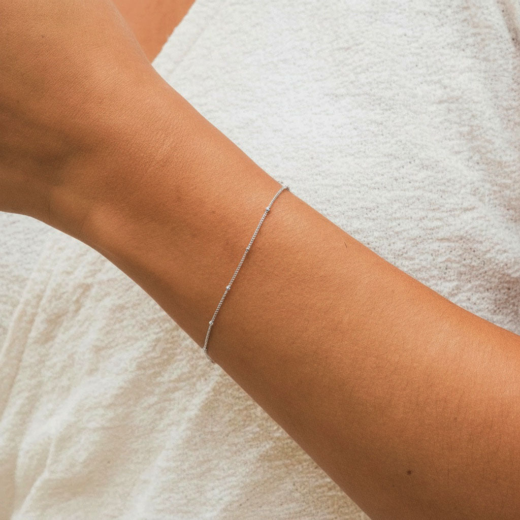 Dainty Beaded Station Bracelet - Silver