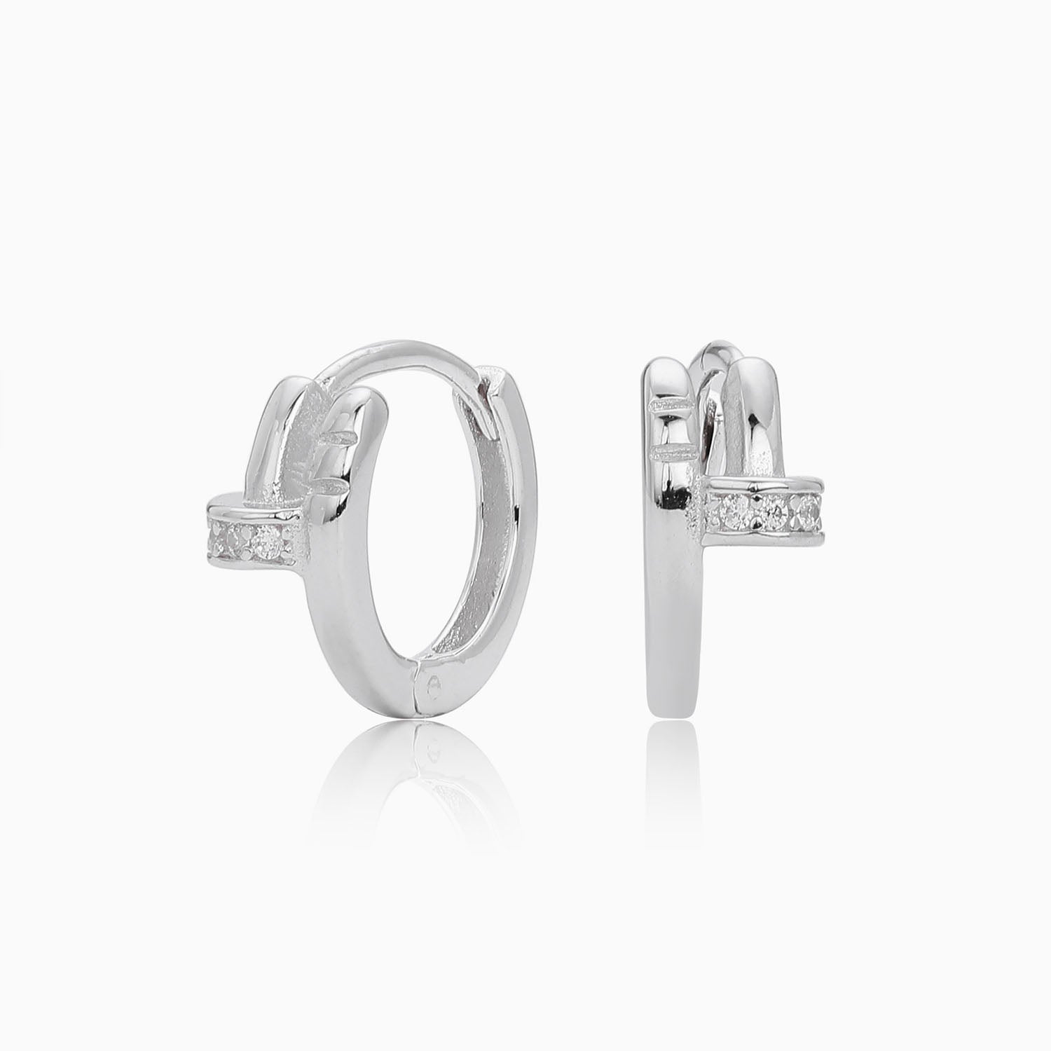 Dainty Diamond Nail Huggie Hoop Earrings - Silver