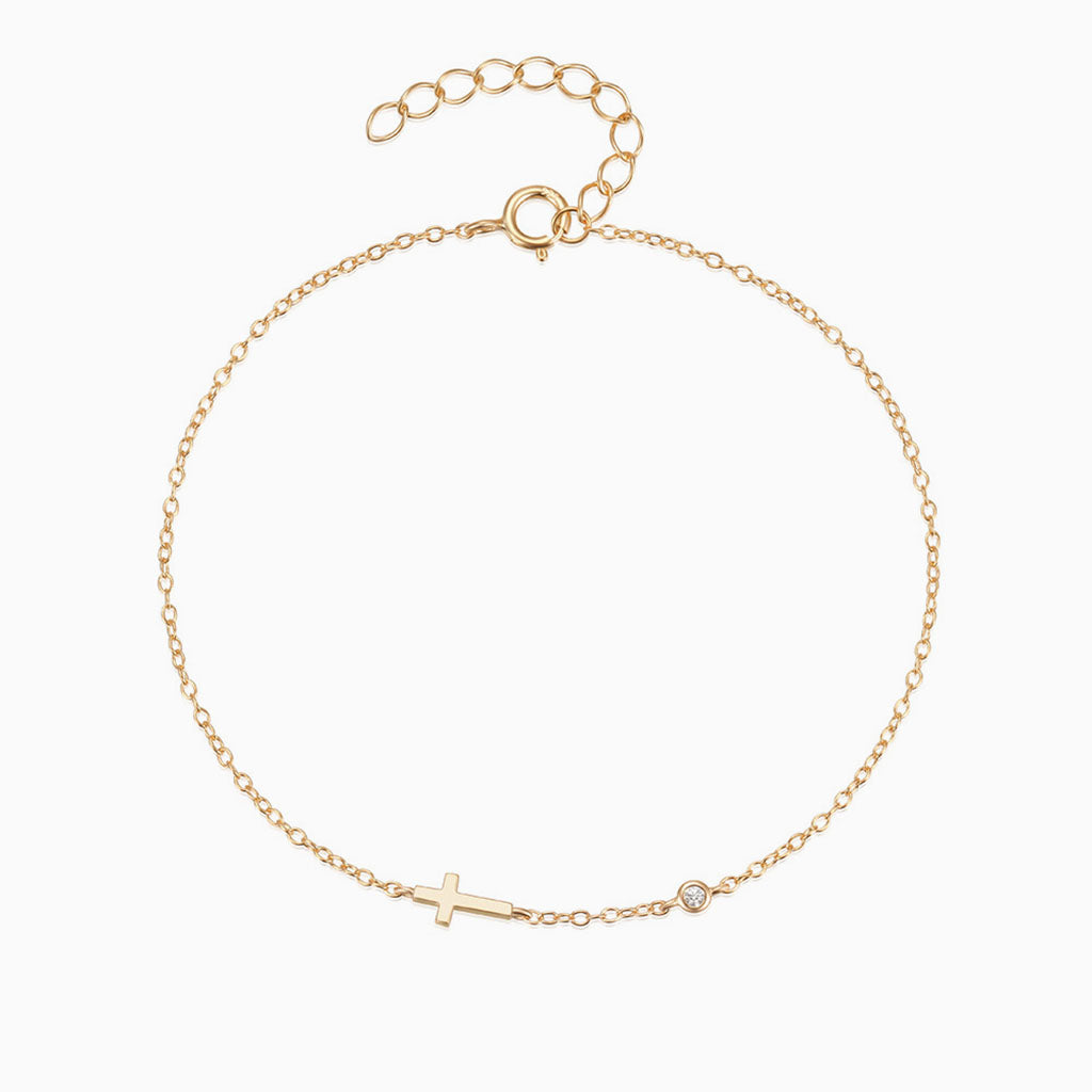 Dainty Diamond Sideways Cross Bracelet - Gold