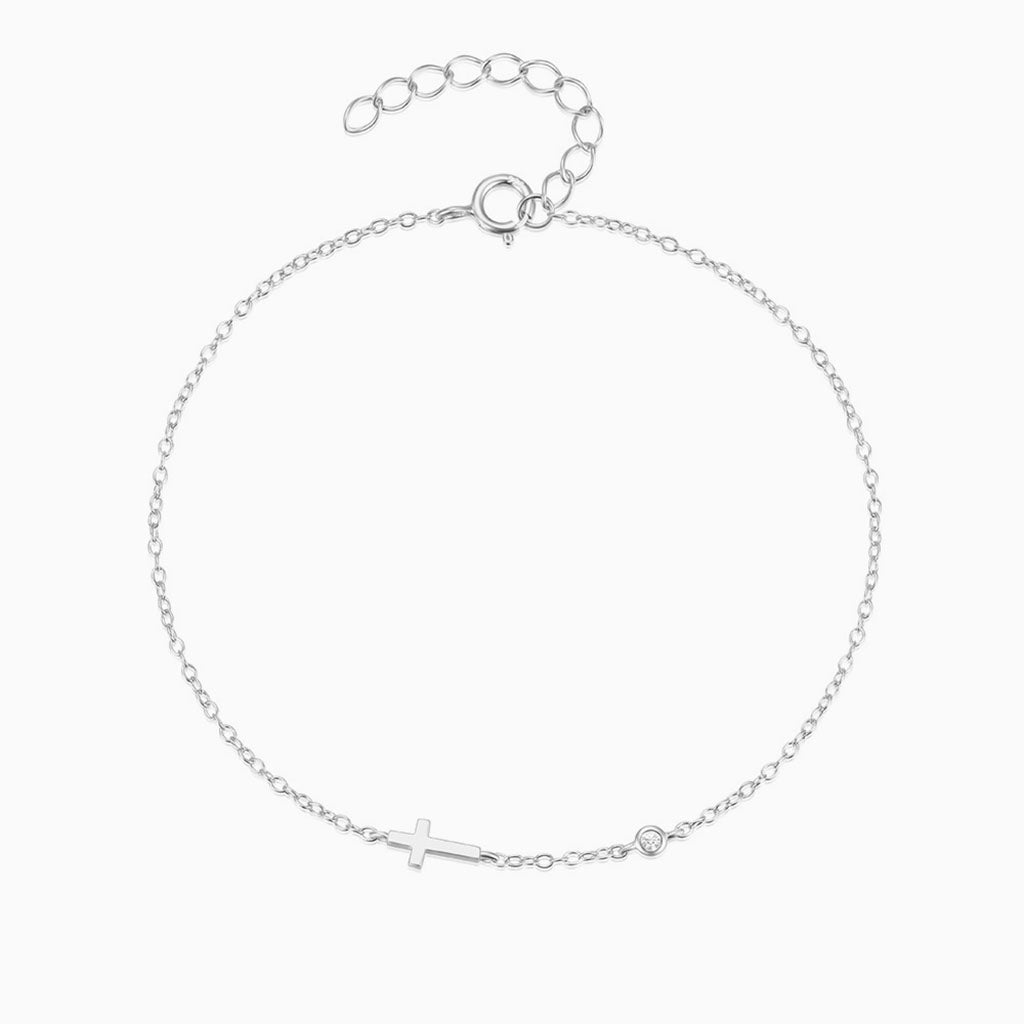 Dainty Diamond Sideways Cross Bracelet - Silver