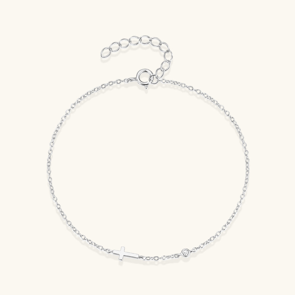 Dainty Diamond Sideways Cross Bracelet - Silver