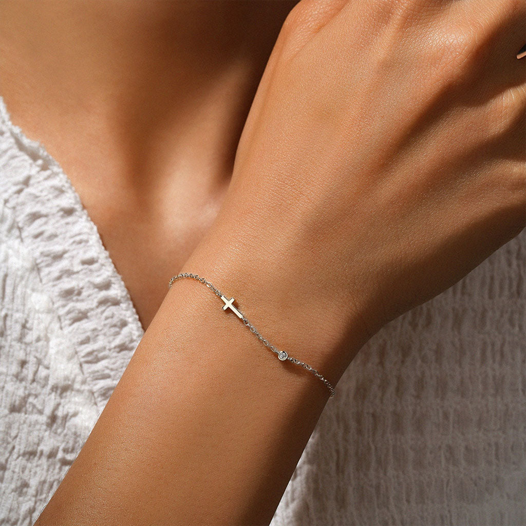 Dainty Diamond Sideways Cross Bracelet - Silver