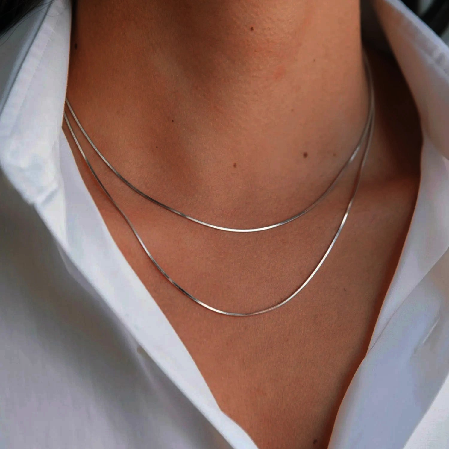Dainty Octagonal Herringbone Necklace - Silver