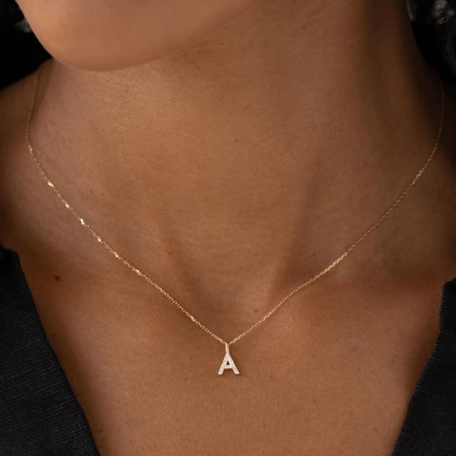 Dainty Pave Diamond Initial Necklace - Gold