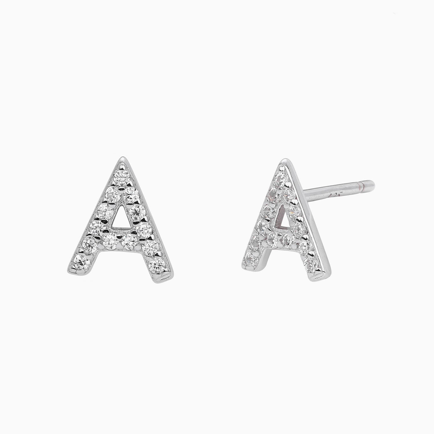 Dainty Pave Diamond Initial Stud Earrings - Silver