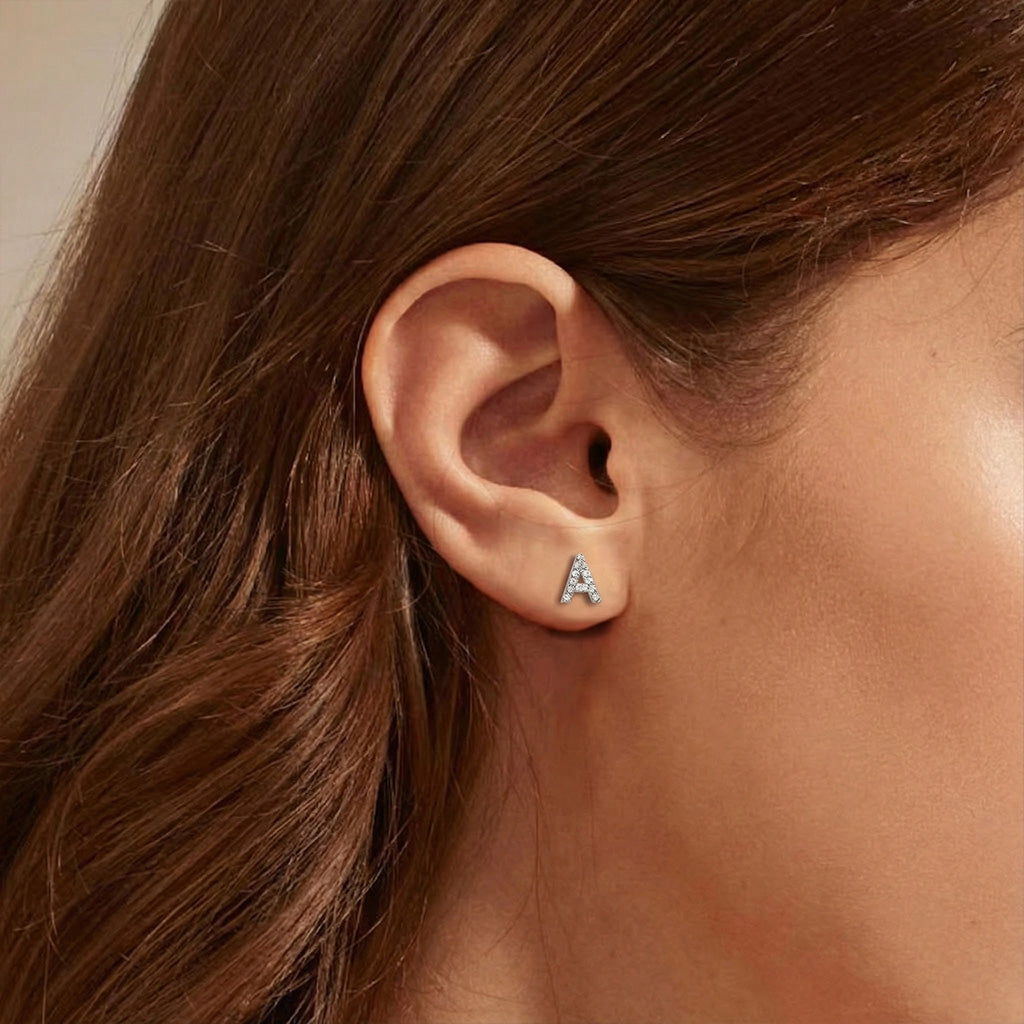 Dainty Pave Diamond Initial Stud Earrings - Silver