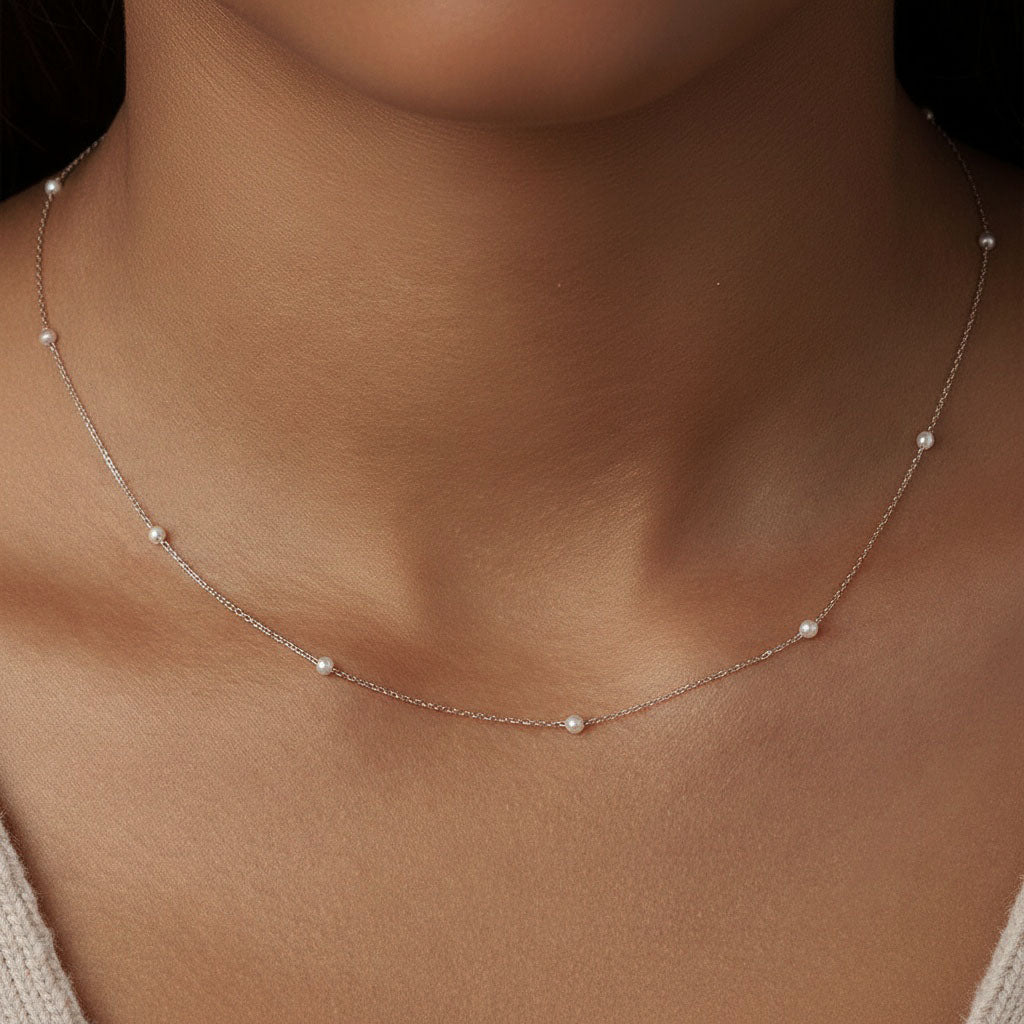 Dainty Pearl Station Necklace - Silver