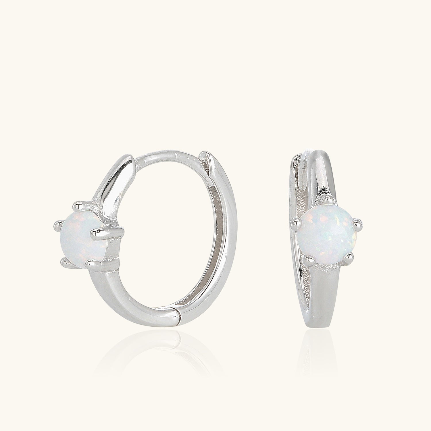 Dainty Solitaire Opal Huggie Hoop Earrings - Silver