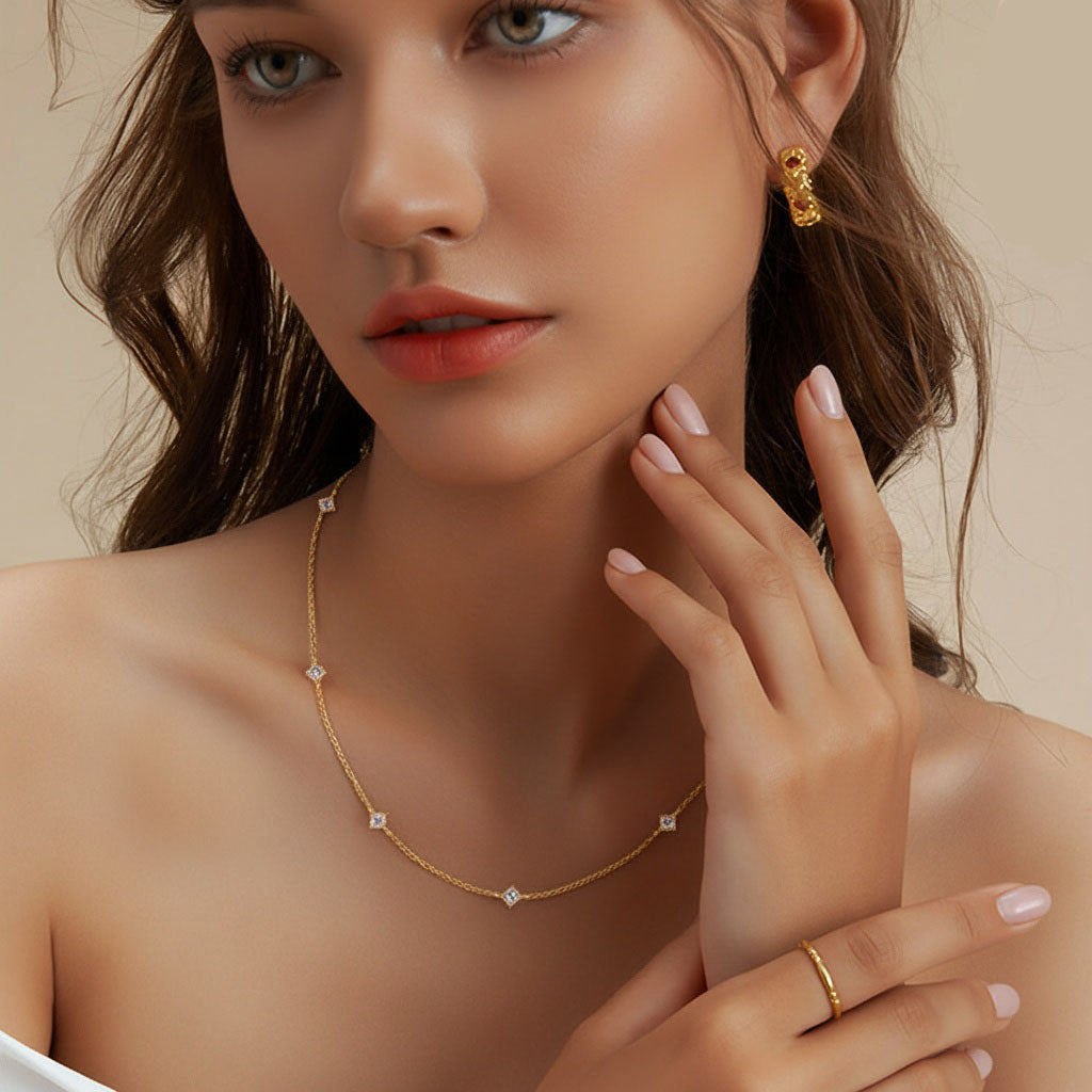 Dainty Station Moissanite Necklace - Gold