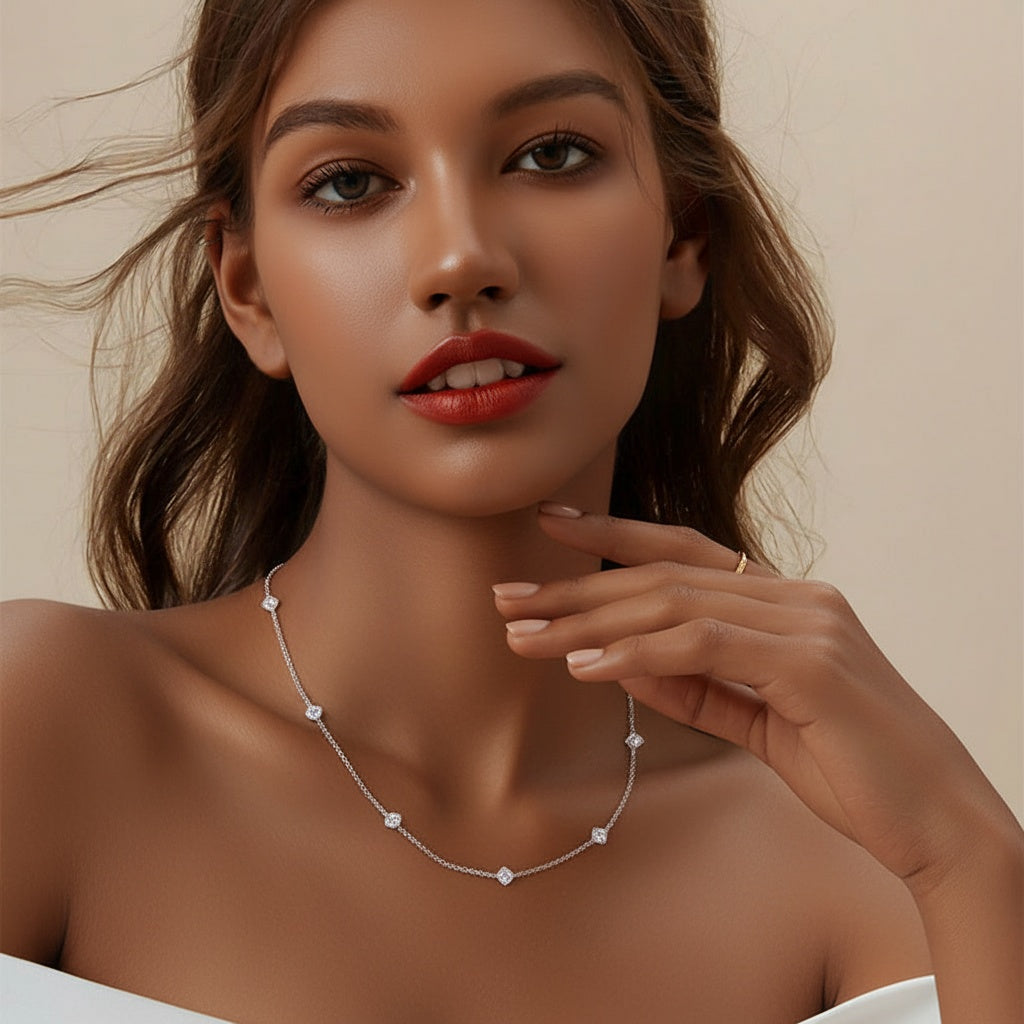 Dainty Station Moissanite Necklace - Silver