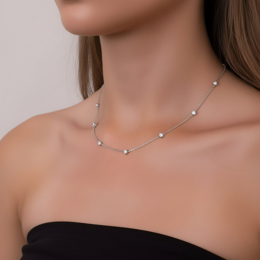 Dainty Station Moissanite Necklace - Silver