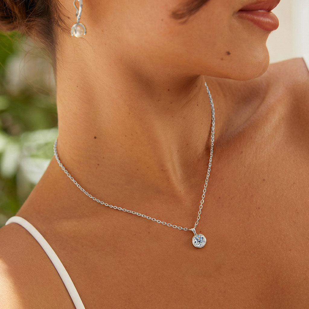 Dangle Bezel Moissanite Pendant Necklace -  Silver