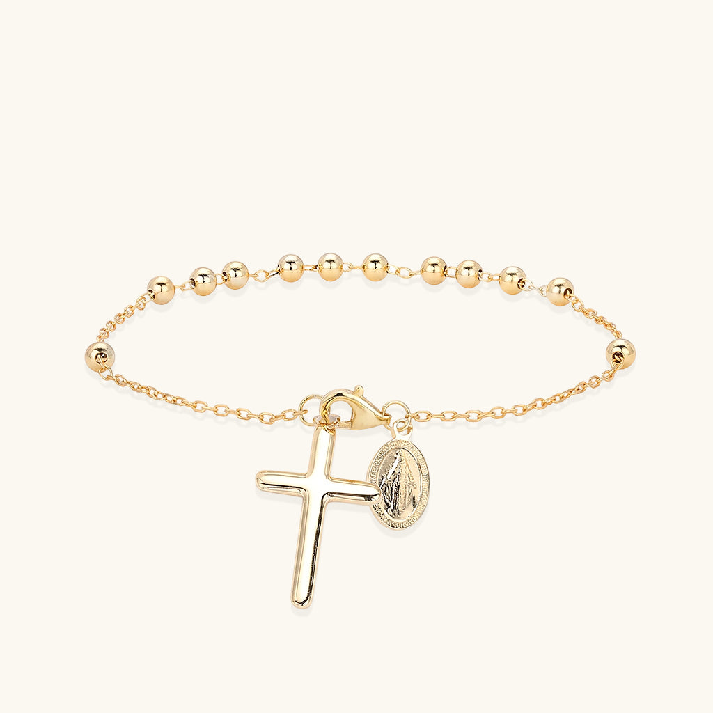 Dangle Cross Beaded Rosary Bracelet - Gold