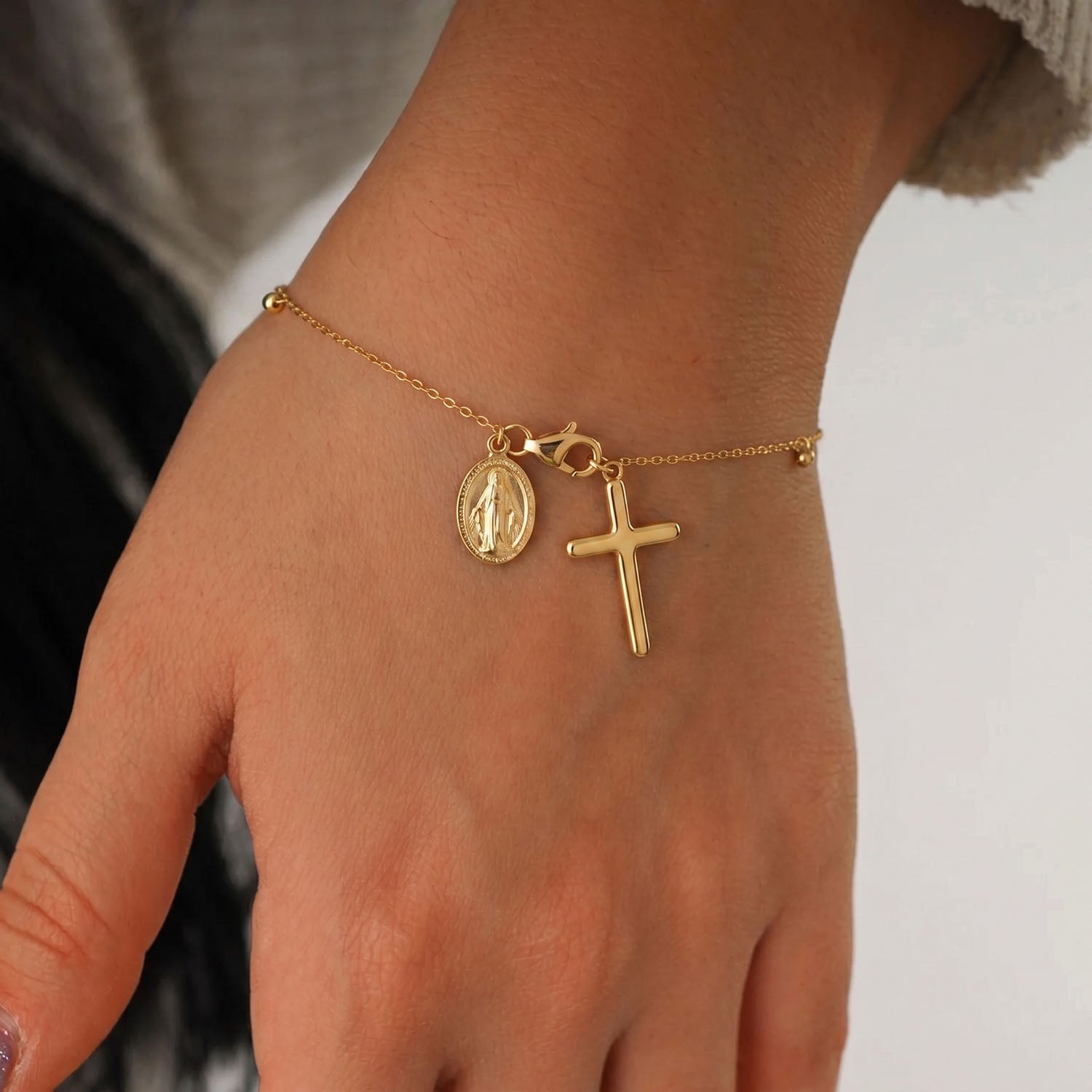 Dangle Cross Beaded Rosary Bracelet - Gold
