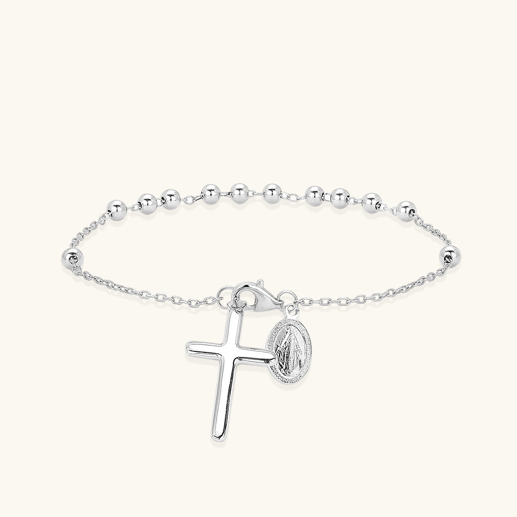 Dangle Cross Beaded Rosary Bracelet - Silver
