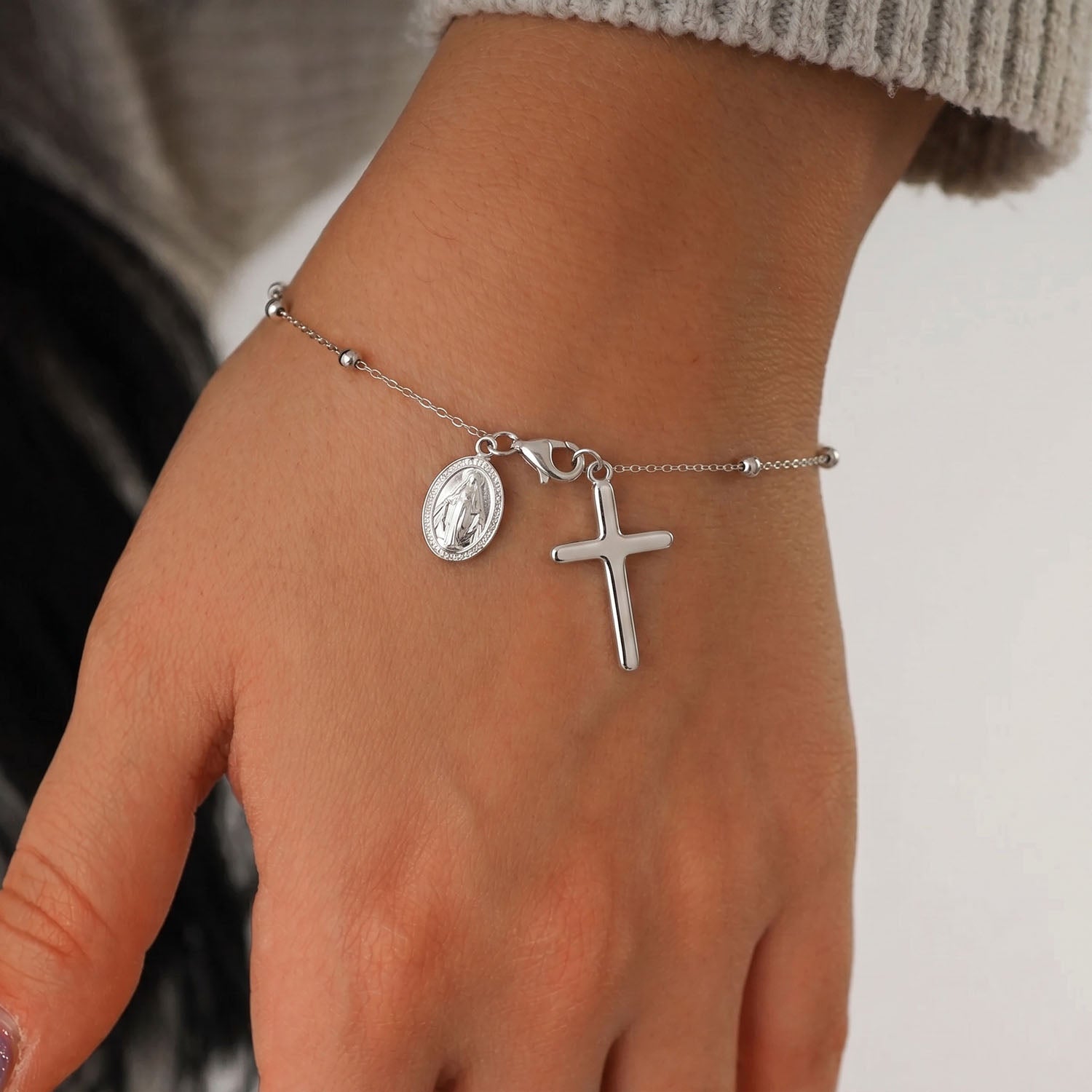 Dangle Cross Beaded Rosary Bracelet - Silver