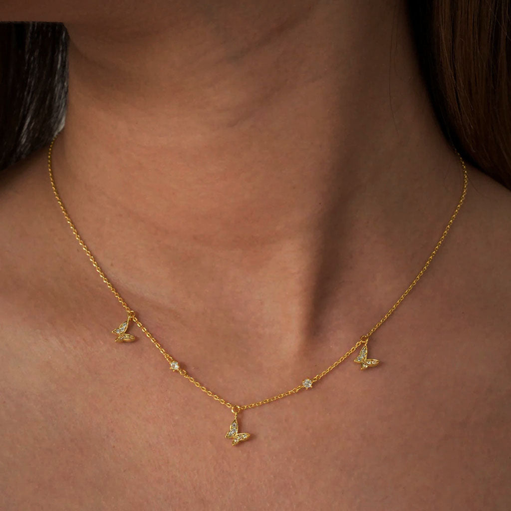 Dangle Diamond Butterfly Station Necklace - Gold