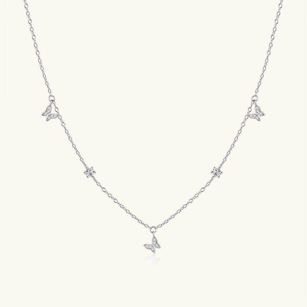 Dangle Diamond Butterfly Station Necklace - Silver