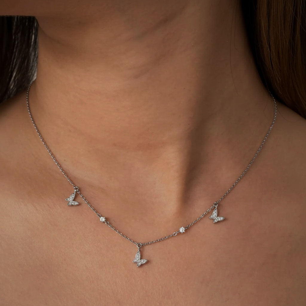 Dangle Diamond Butterfly Station Necklace - Silver