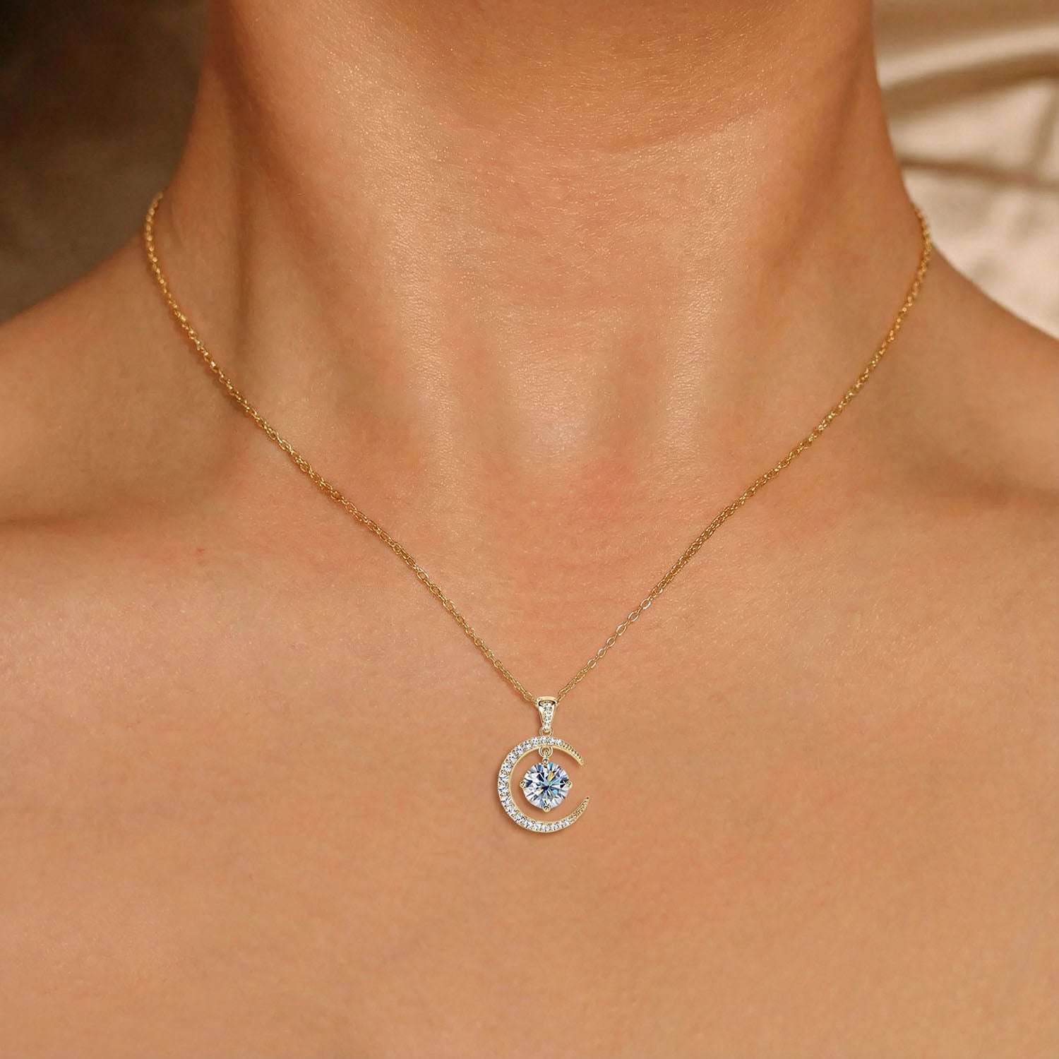Dangle Moon and Star Moissanite Necklace - Gold