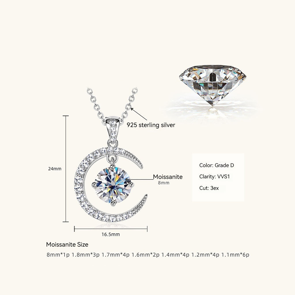 Dangle Moon and Star Moissanite Necklace - Silver