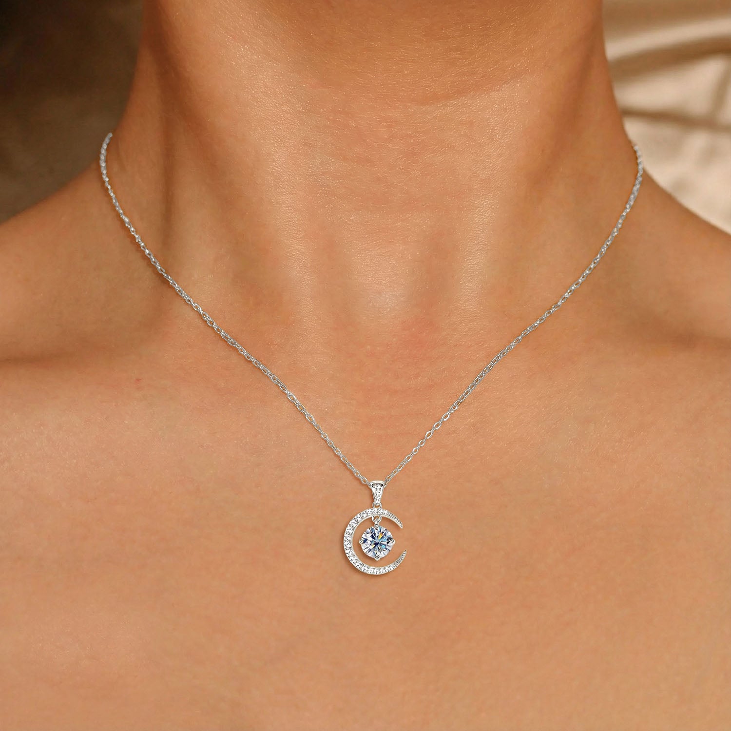 Dangle Moon and Star Moissanite Necklace - Silver