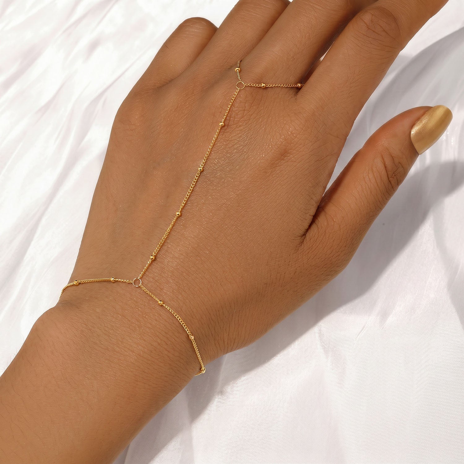 Delicate Beaded Hand Chain Bracelet - Gold