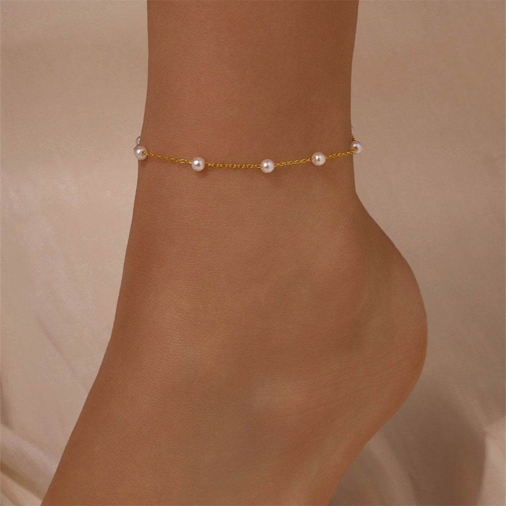 Delicate Pearl Station Anklet - Gold
