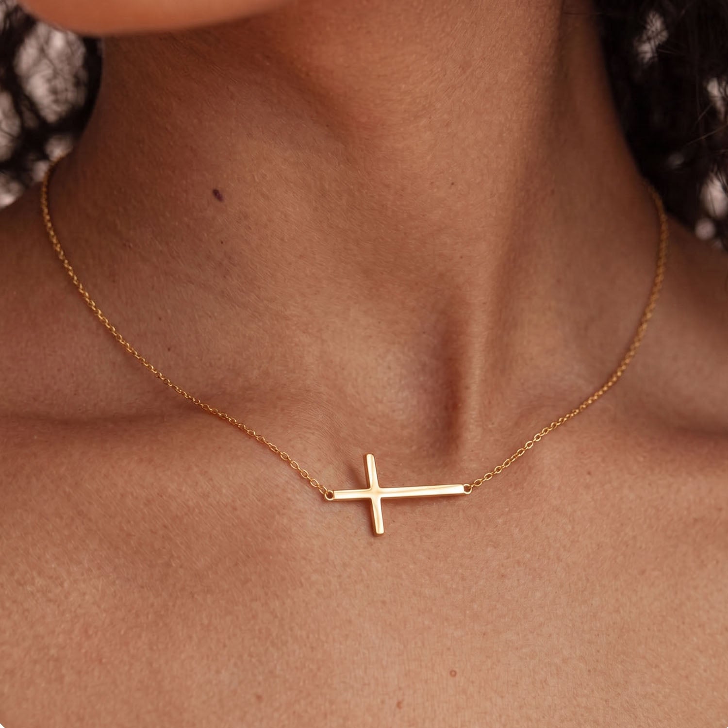 Delicate Sideways Cross Necklace - Gold