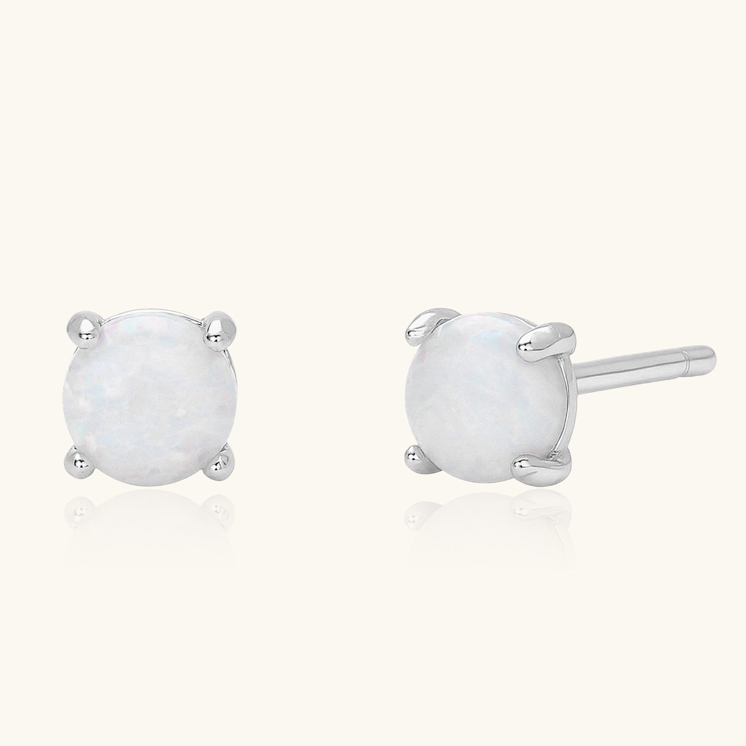 Delicate Solitaire Opal Stud Earrings - Silver