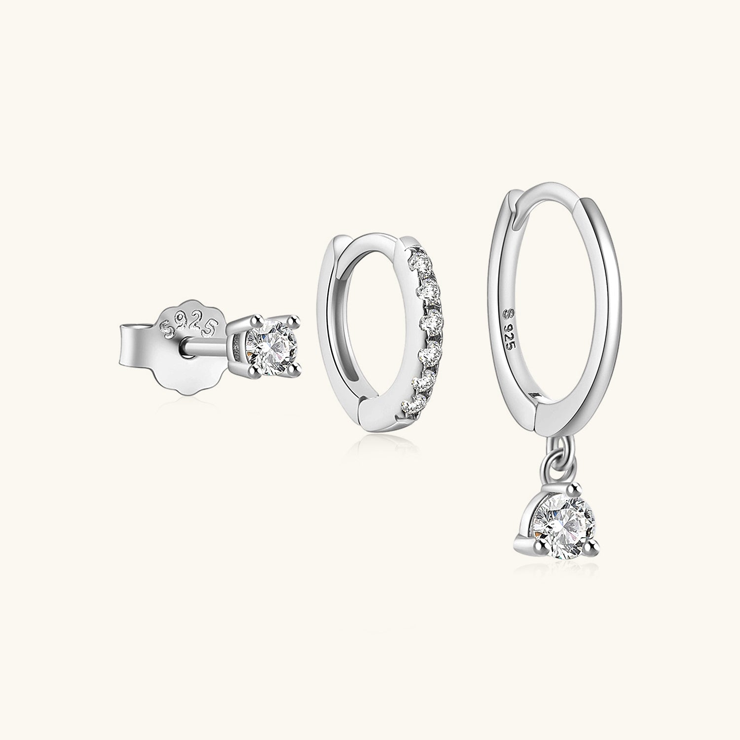 Delight 3 Piece Pave Huggie Hoop Earring Bundles - Silver