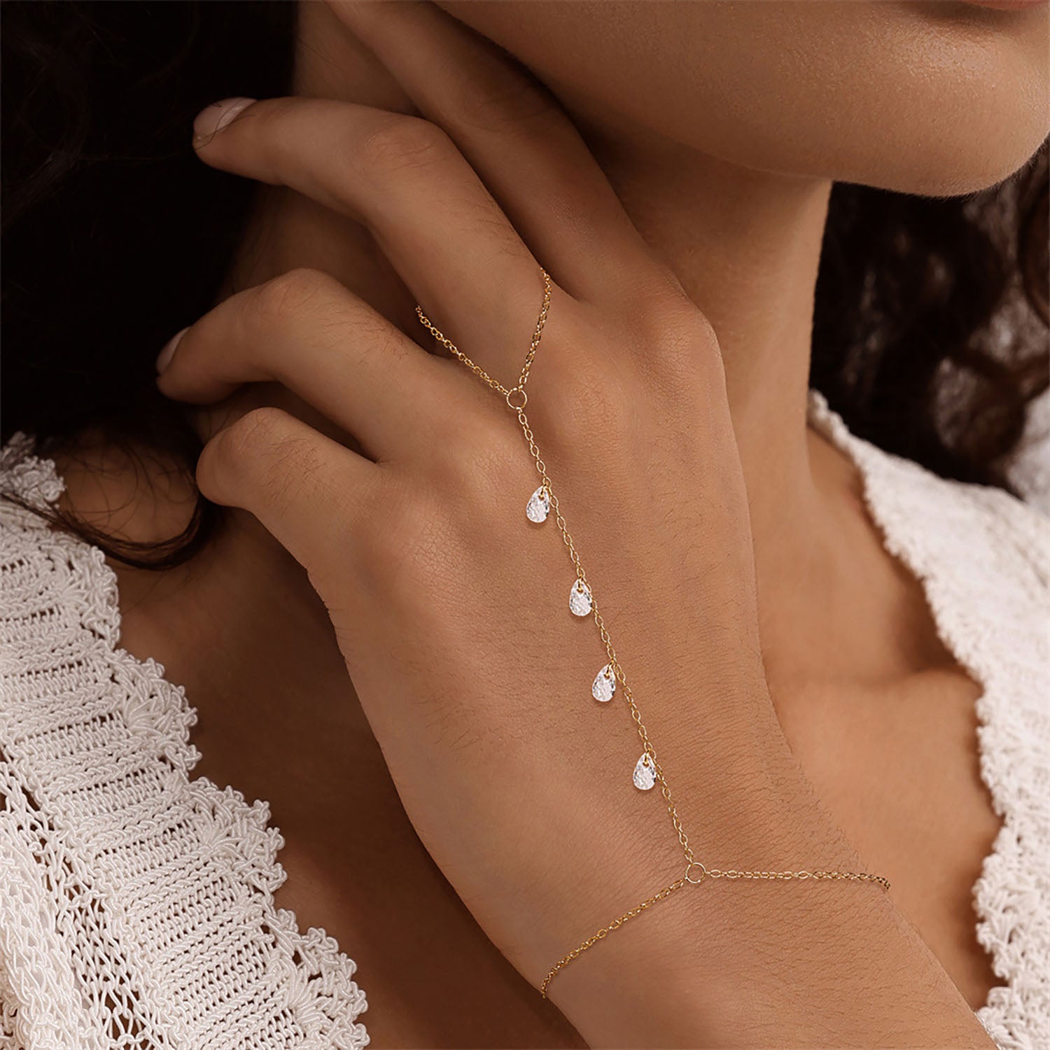 Dewdrop Crystal Hand Chain Bracelet - Gold