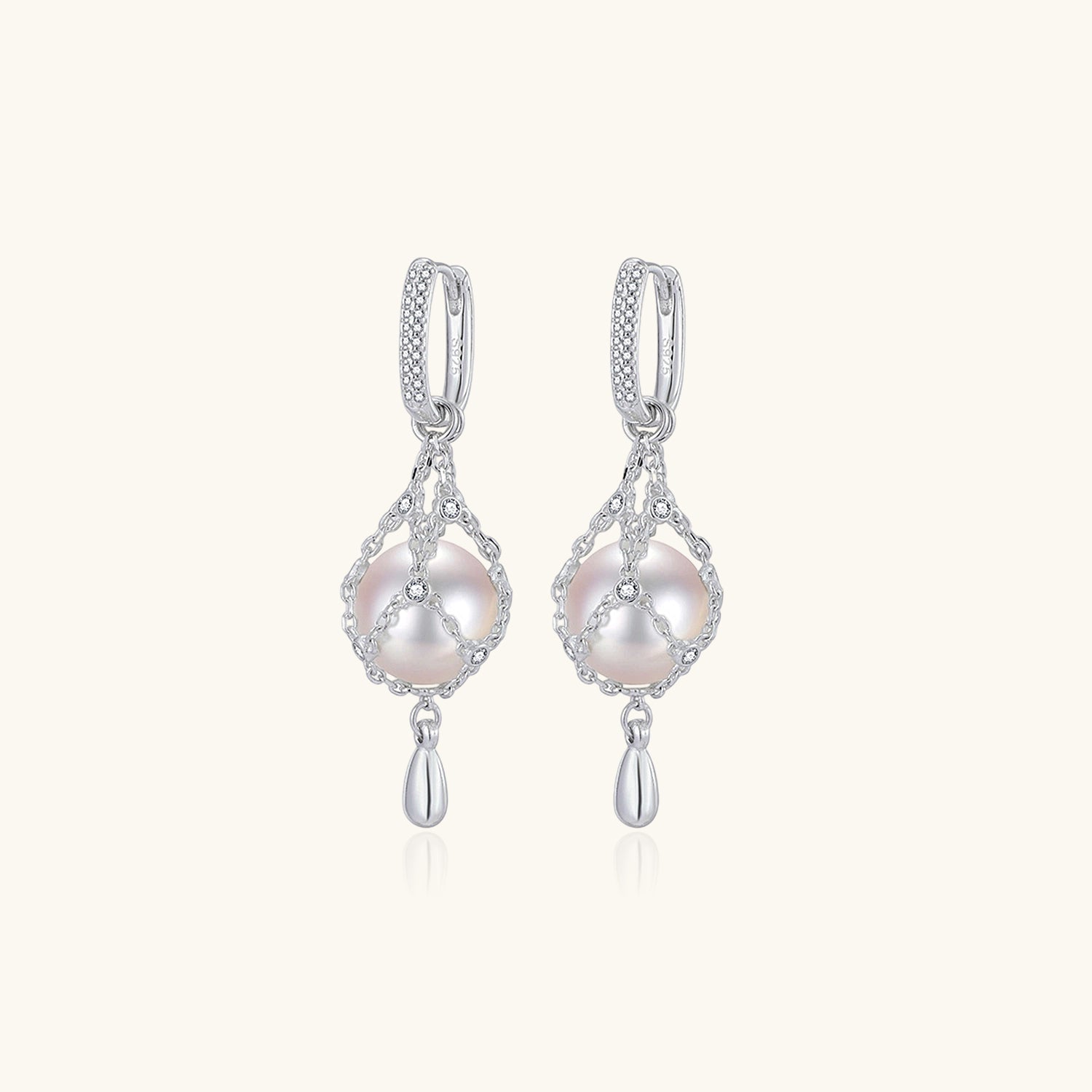 Diamond and Pearl Cage Drop Earrings - Silver
