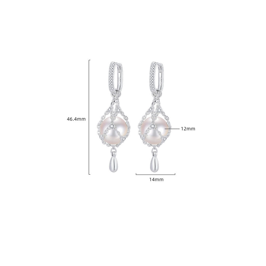 Diamond and Pearl Cage Drop Earrings - Silver