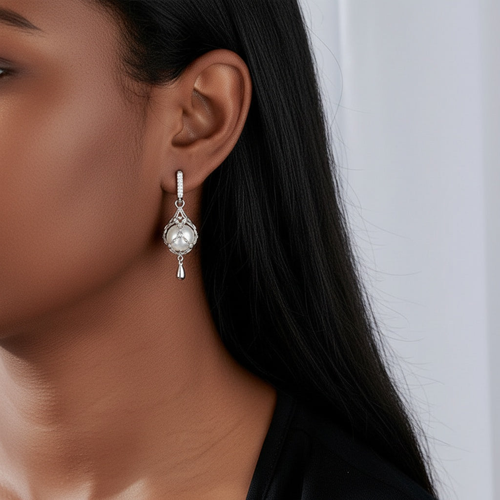 Diamond and Pearl Cage Drop Earrings - Silver