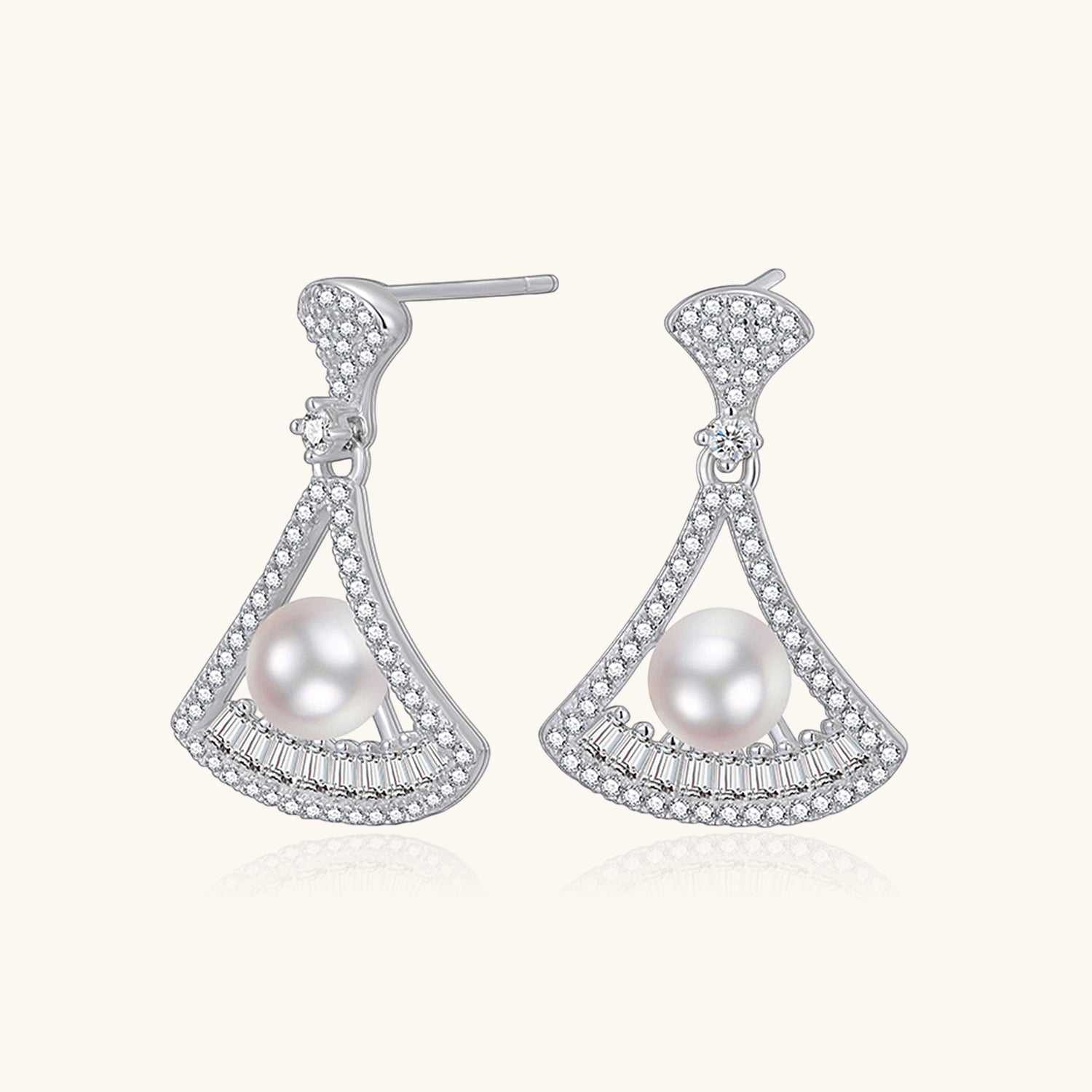Diamond and Pearl Fan Drop Earrings - Silver