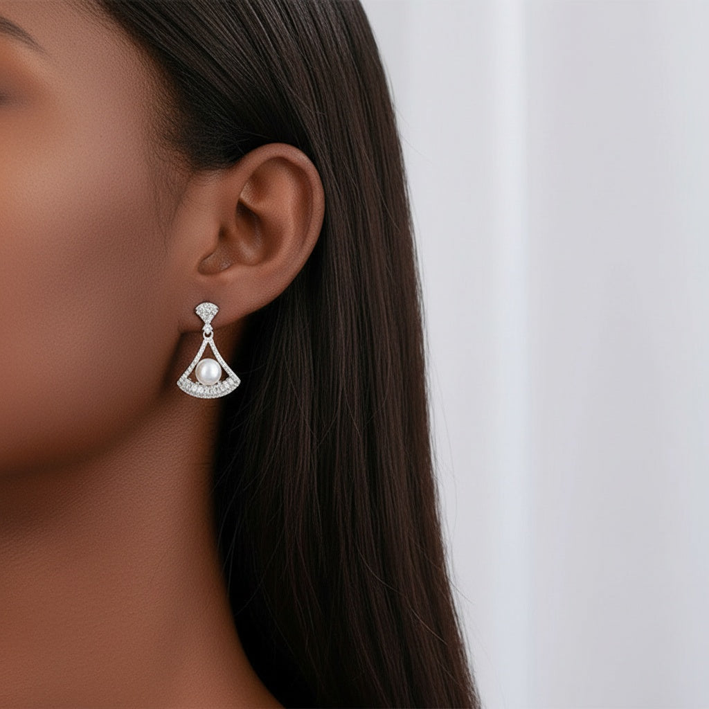 Diamond and Pearl Fan Drop Earrings - Silver