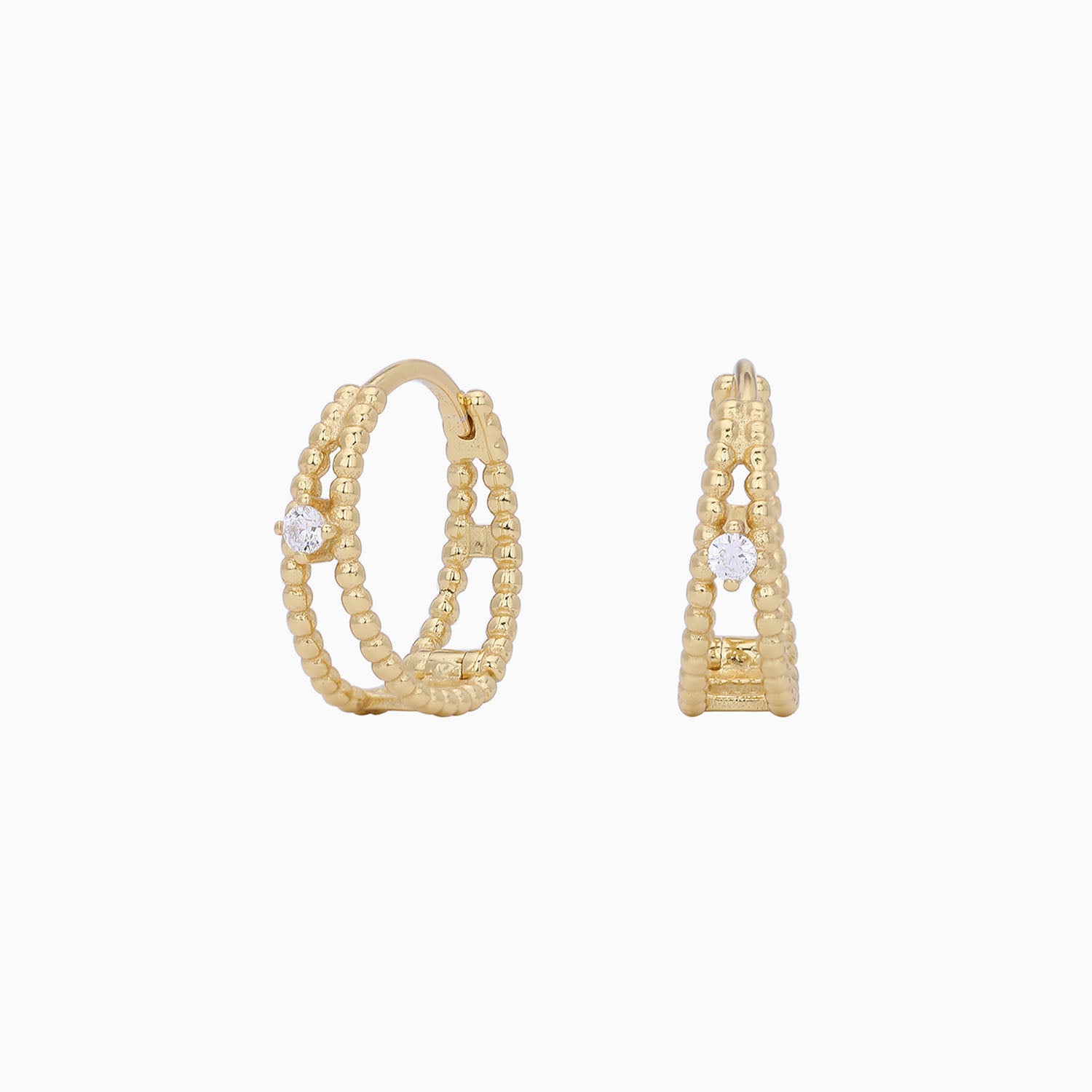 Diamond Beaded Double Hoop Earrings - Gold