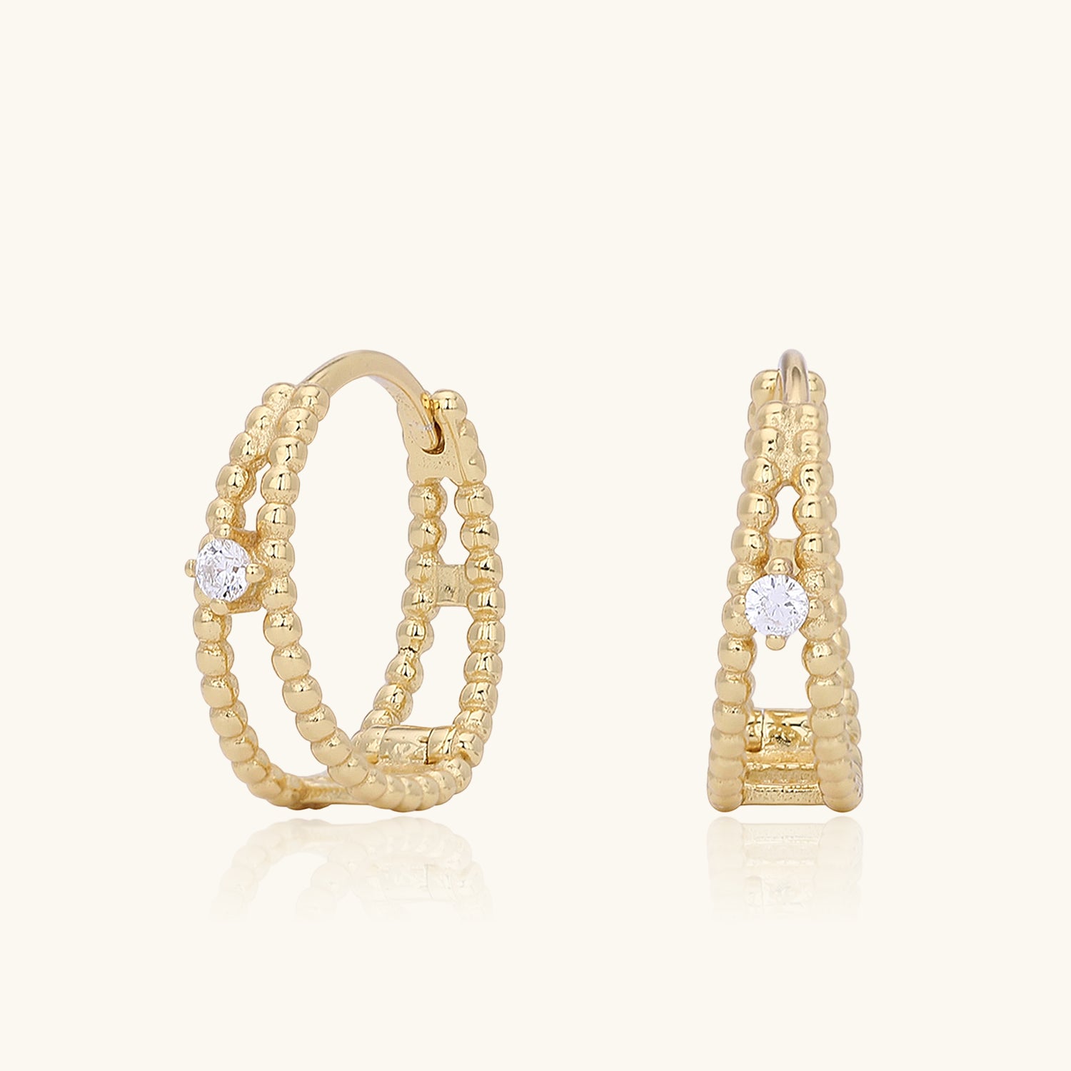 Diamond Beaded Double Hoop Earrings - Gold