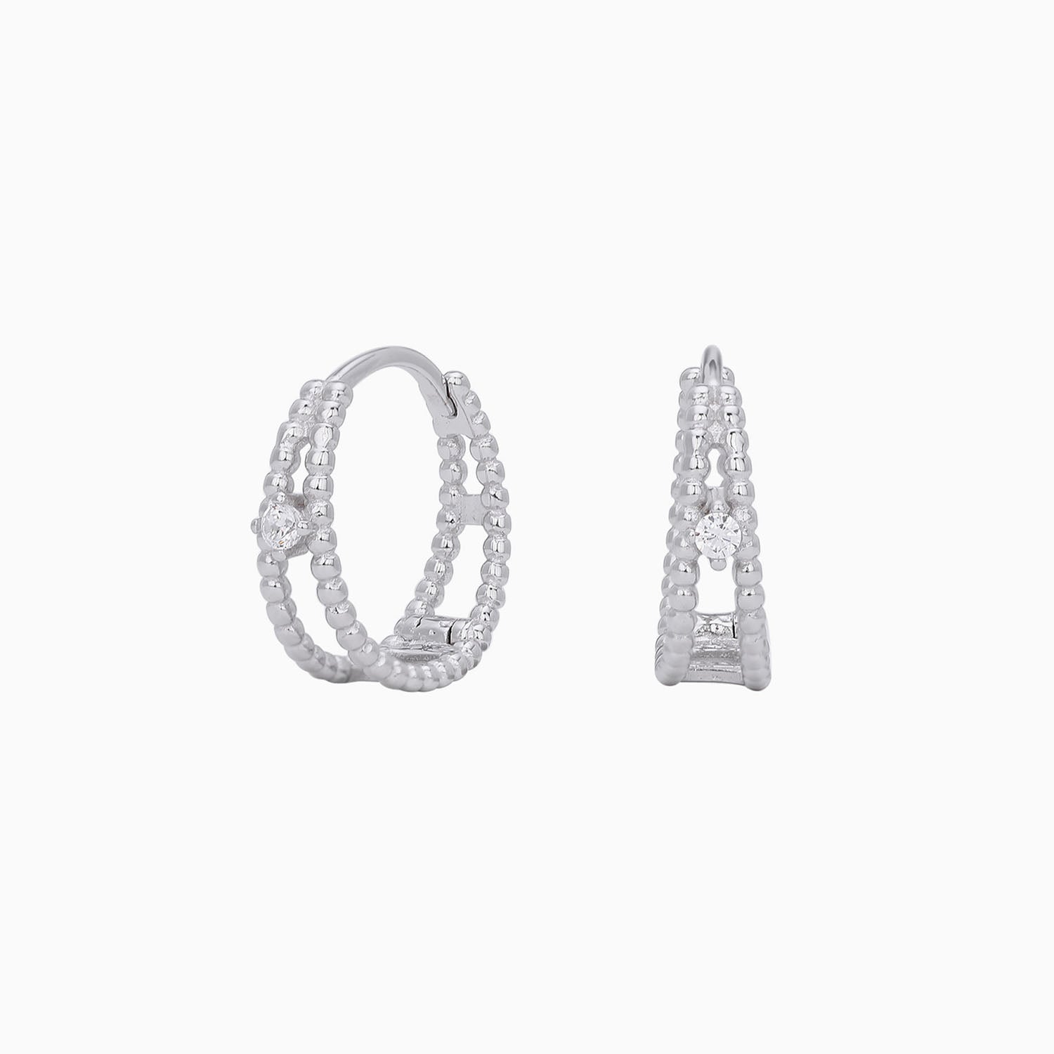 Diamond Beaded Double Hoop Earrings - Silver