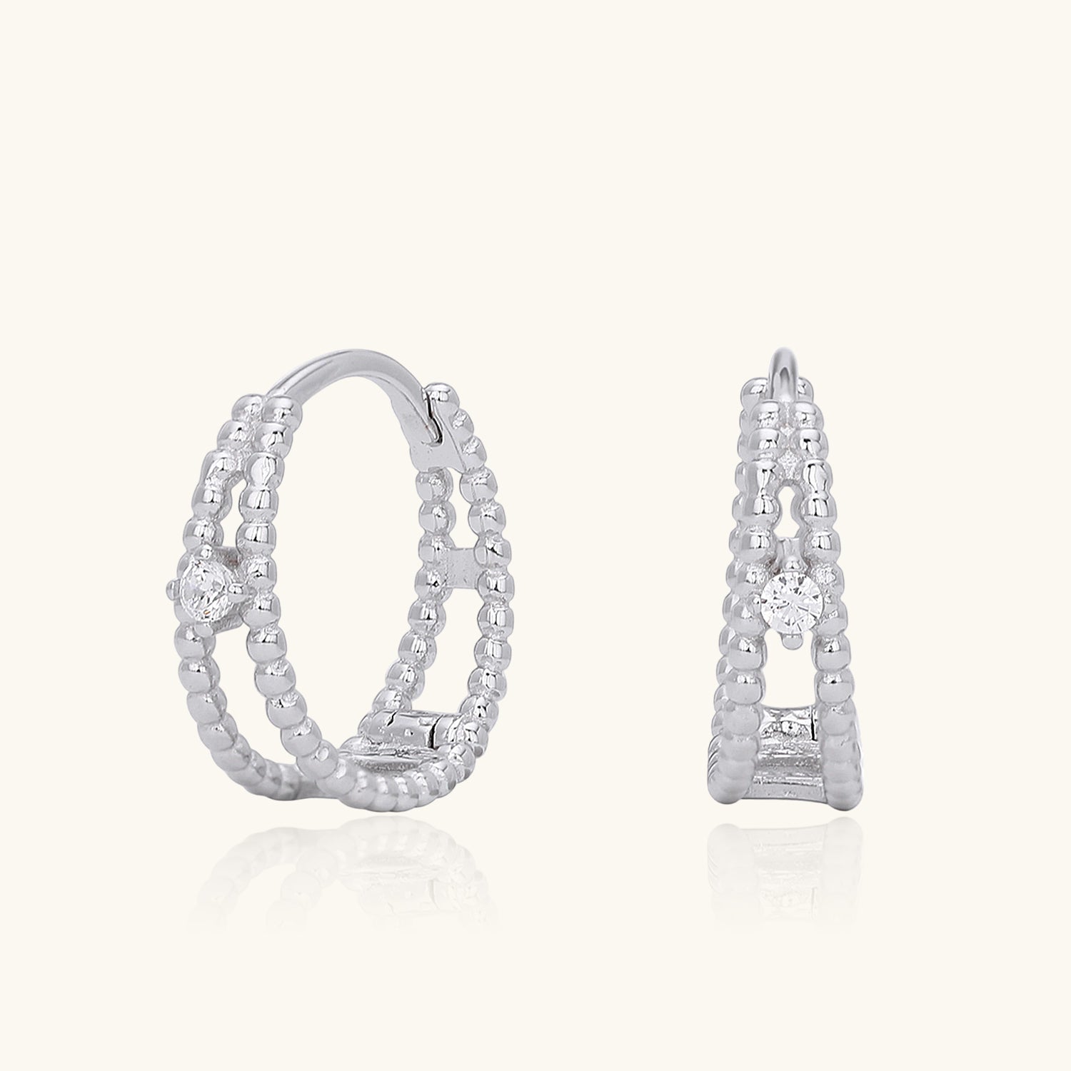 Diamond Beaded Double Hoop Earrings - Silver