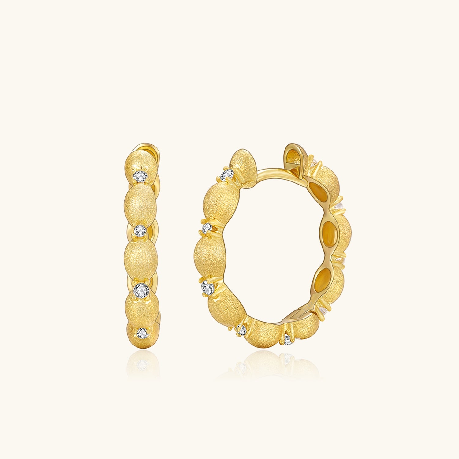 Diamond Brushed Beaded Hoop Earrings - Gold
