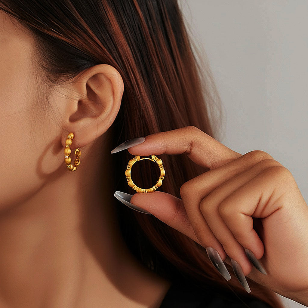 Diamond Brushed Beaded Hoop Earrings - Gold