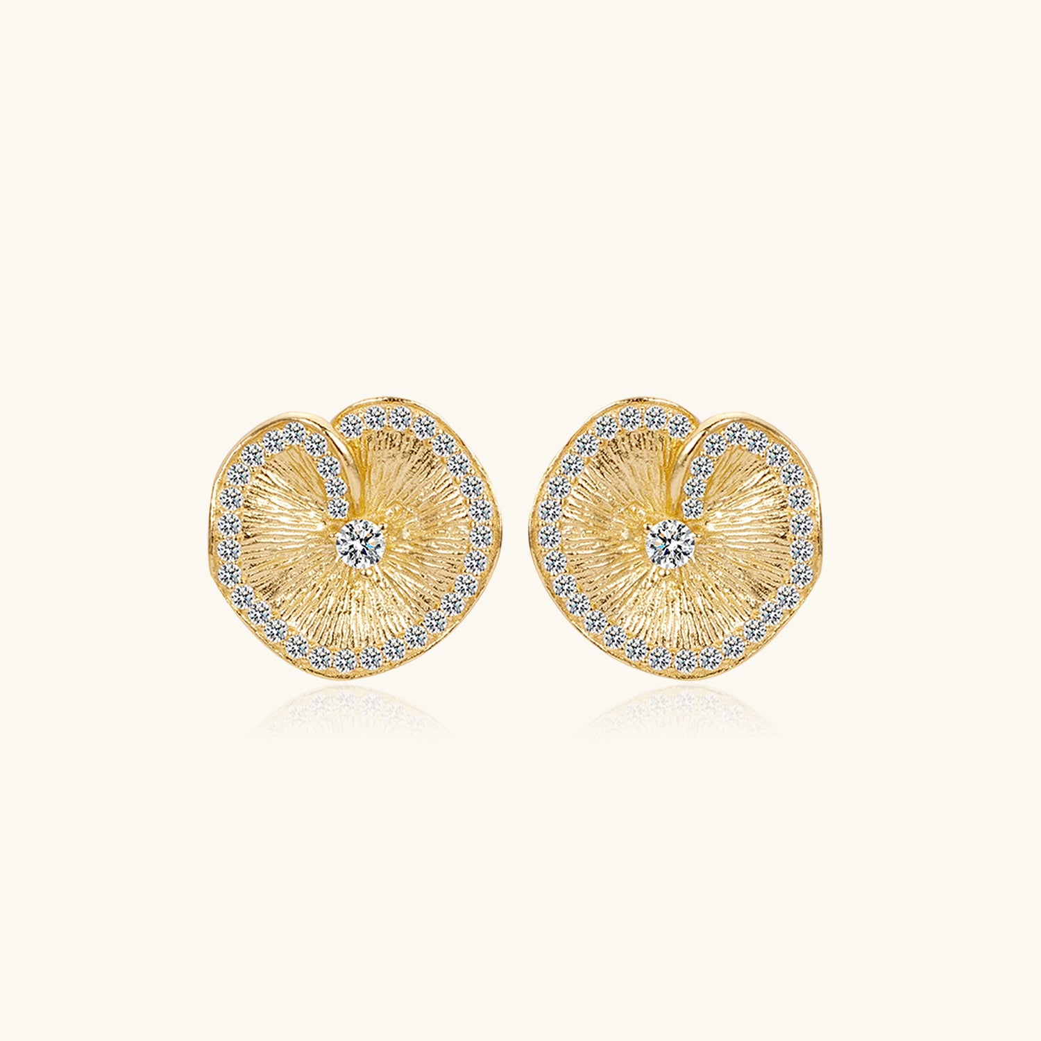 Diamond Brushed Lotus Leaf Stud Earrings - Gold