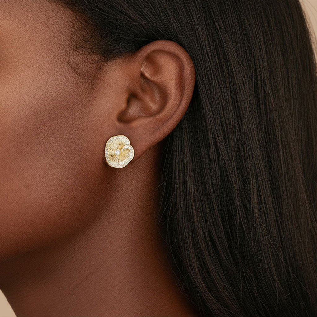 Diamond Brushed Lotus Leaf Stud Earrings - Gold
