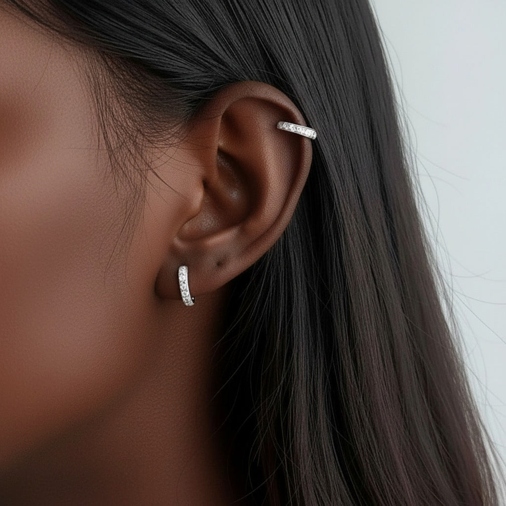 Diamond C Hoop Ear Cuff Earrings - Silver