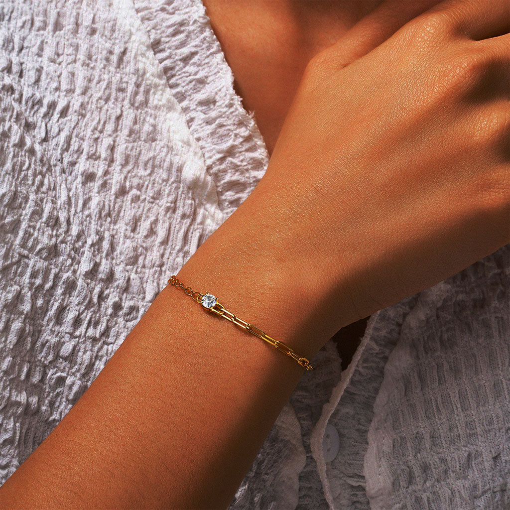 Diamond Cable and Paperclip Chain Bracelet - Gold