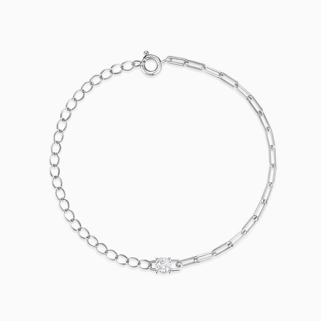 Diamond Cable and Paperclip Chain Bracelet - Silver